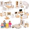 Atoylink Set di Mobili Casa delle Bambole in Legno di Faggio e Plastica, Accessori per Casa delle Bambole con 4 Bambole di Famiglia, Giocattoli Educativi per Bambini 3 Anni +
