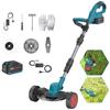 UEXEDO Decespugliatore a batteria senza cavo, 4000 W, decespugliatore elettrico pieghevole, con batteria e 3 lame, larghezza di taglio 23 cm, lunghezza retrattile, per giardino, prato e patio (blu a batteria