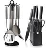 OulQinyhome Set Coltelli da Cucina 12 Pezzi Set Utensili da Cucina in Acciaio Ceppo con 5 Coltelli Nero Argento Mestoli Affilacoltelli Adatto per Cucina Domestica