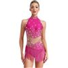 iEFiEL Donna Abito da Ballo Latino con Strass e Nappe Body Danza Classica Senza Schiena Leotard da Ginnastica Ritmica Bodysuit da Ballet Pattinaggio Artistico A Rosa caldo XS