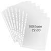 Dodici Buste Perforate Trasparenti 22×30 cm A4 - 100 Pezzi Alto Spessore Liscio e Lucido - Foratura Universale per Raccoglitori - Scuola e Ufficio