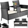 BAKAJI Panchina da Giardino in Polyrattan con Tavolo Integrato e Cuscini, Panchina 2 Posti da Esterno Resistente Ai Raggi UV e alle Intemperie, Panca Divano Ripiano Vetro 123 x 54 x 82.5 cm (Nero)