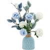 ASSRECT Fiori Finti con Vaso Blu Plastica Ortensia Bianca Bouquet Fiori Artificiali per Centrotavola Decorazione Casa Tavolo Cucina Camino Addobbi