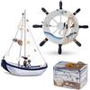 Flanacom Set Decorazioni Bagno Marino - 3 Pezzi Legno Nautico con Timone, Barca a Vela e Forziere per Arredamento Bagno Mare