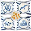 HomeStilez Set di 4 Copricuscini Divano 40x40 cm Oceano Timone Barca a vela Salvagente Gabbiano Navigazione Fodere per Cuscini da Esterno Impermeabili per Casa Soggiorno Camera da Letto Decorazione Interna