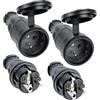 AXFEE 4 Pezzi Spina Schuko 250V 16A, Spina Schuko Volante In Gomma- Nero | 2 Spina + 2 Presa, con Uscita Cavo Assiale, IP44, Spina Esterna Maschio e Femmina, con Contatto di Terra e Guaina Antipiega
