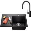 CECIPA Lavello Cucina 1 Vasca in Granito Nero - 65x45 cm con Rubinetto Estraibile, Vasca Singola con Sifone e Gruppo di Scarico