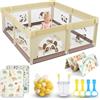SOFTHOM Box Bambini 150x180 con Tappeto, Recinto per Bambini con 360° Rete Traspirante, Tessuto Oxford, Laterali con Zip, Antiscivolo Robusta Centro Attività, 60 Palline, 4 Maniglie, Panda beige