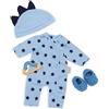 LullaBaby abbigliamento da letto per bambole, pigiama con accessori | Include pigiama onesie, cappellino con morbidi spuntoni 3D, accessorio ciuccio e pantofole; per bambole da 36 cm; 2+ anni