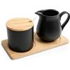 Behogan Set da 2 pezzi latte e zucchero, zuccheriera in ceramica con coperchio in bambù e cucchiaio, pratico bricco per latte in ceramica con vassoio in legno, contenitore per zucchero per cucina e tavolo da
