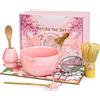 Beler Matcha Set di 8 scope Matcha, ciotola per matcha, ciotola per matcha con beccuccio, whisky in bambù, pala, colino, supporto per matcha, set di accessori con asciugamano da tè (8, rosa)
