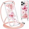 Coalbooliy Magnetica Custodia per iPhone 15 Pro Max 6,7 con Cordino, Trasparente Estivi Aesthetic Modello Fiore Rosa Disegni Cover Case Compatibile con MagSafe Collana Girocollo Femmina, 10