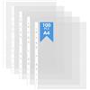 HOTUT 100 Pezzi Buste per raccoglitori ad anelli A4 (0.04mm,40 micron), Buste Trasparenti, Formato Interno 22 x 30 cm, Cartelline con fori standard impermeabili per 2/3/4 anelli, Scuola/Ufficio/Casa