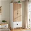 LUXOAK Armadio Camera da Letto 2 Ante con 2 Cassetti, Armadio Guardaroba Bianco Effetto Legno con Asta Appendiabiti, Mobile Porta Abiti, 198 x 76 x 50 cm