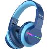 iclever Cuffie Bluetooth per bambini iClever, con luci LED colorate, cuffie over-ear con limitatore di volume a 74/85 dBA, 85 ore di autonomia, Bluetooth 5.2, microfono integrato, colore blu