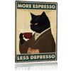 POMOTER Targa in metallo stile vintage gatto nero caffè poster poster More Espresso Less Depresso 20,3 x 30,5 cm