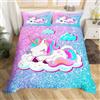 Loussiesd, Set di biancheria da letto per ragazze con unicorno, con paillette, per bambine e ragazze, con motivo arcobaleno pastello e cavallo sognante, rosa, blu, acceso, per letto matrimoniale