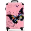 NoBoringSuitcases.com bagaglio a mano, trolley, valigia da 10 kg, rigida, leggera, valigie da viaggio per cabina, aereo con 4 ruote girevoli manico estensibile robusto 55x40x20 cm Farfalla rosa sfondo