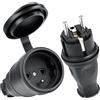 AXFEE 2 Pezzi Spina Schuko 250V 16A, Spina Schuko Volante In Gomma- Nero | 1 Spina + 1 Presa, con Uscita Cavo Assiale, IP44, Spina Esterna Maschio e Femmina, con Contatto di Terra e Guaina Antipiega
