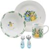 Sorrisini Set Stoviglie Bambini Bluey in Ceramica con Posate Inox - Piatto, Ciotola e Tazza, Servizio Tavola Completo per Bambini, Idea Regalo Bambino e Bambina, Dai 4 Anni