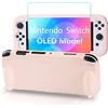 Teyomi Silicone Custodia compatibile con Nintendo Switch OLED modello 2021, Cover Nintendo Switch Oled con protettiva con accessori in vetro temperato, 2 scomparti per carte da gioco (rosa)