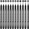 Thboxes Set di 12 pennarelli per calligrafia impermeabili, con punta diversa, colore nero, per schizzi, diari, disegno tecnico