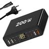 CESTONE GaN - Stazione di ricarica rapida a 8 porte USB C, 200 W, con indicatore di potenza digitale, caricatore da parete PD QC3.0 PPS, monitor di potenza in tempo reale per iPhone, tablet, MacBook, Samsung