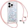 Vauki Cover per iPhone 14 Pro con Cordino,Trasparente Glitter Liquido Antiurto Brillantini Tracolla Custodia,Silicone Bumper Laccio Sabbie Donna Protettivo Case per iPhone 14Pro,Argento