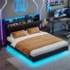 WOBOPCG Letto Matrimoniale Imbottito 160x200 cm, Letto a Soppalco Idraulico con Letto LED a Doppia Funzione, Letto Funzionale con Comodino e Funzione di Ricarica, Letto con Spazio di Archiviazione
