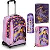 Seven Wish Set Scuola, Trolley con Doppio Scomparto e Sistema Crossover, Astuccio 3 Scomparti, Diario 2024-2025, Borraccia, Viola e Rosa