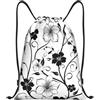 Generic Zaino con Coulisse Black White Florals Borsa con Coulisse Leggero Sacca da Palestra Pieghevole Drawstring Backpack per Spiaggia Viaggi Vacanze