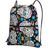 YYHWHJDE Zaino con coulisse con teschio e fiori, leggero, impermeabile, con tasca con cerniera, per viaggi ed escursioni