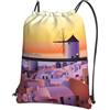 YYHWHJDE Zaino con coulisse e stampa paesaggistica, isola greca, leggero, impermeabile, con tasca con cerniera, per viaggi ed escursioni