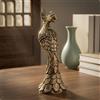 Statuetta Di Pavone In Ottone Con Finitura Anticata, Piume Intagliate Per