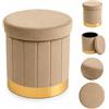 cecaro group Pouf Contenitore Rotondo in Velluto 40x40x38 cm - Pouf Contenitore con Seduta Imbottita, Portata 120 kg, Contenitore Salvaspazio per Giochi, Biancheria e Oggetti - Base Oro (Beige)