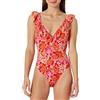 Amazon Essentials Costume da Bagno Intero con Scollo a V e Volant Donna, Rosso Papavero Brillante Folk Floral, 44