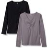 Amazon Essentials T-Shirt a Costine Slim Fit a Maniche Lunghe con Scollo a V arricciata in Vita Donna, Pacco da 2, Grigio/Nero, XL
