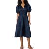 Amazon Essentials Abito Midi in Raso di Cotone con Busto Aderente e Gonna Svasata, Maniche a Sbuffo e Scollo a V Donna, Blu Marino, XXS