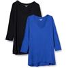 Amazon Essentials T-Shirt Swing con Maniche a 3/4 e Scollo a v (Taglie Forti Disponibili) Donna, Pacco da 2, Nero/Blu Reale, XS