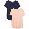Amazon Essentials Tunica con Scollo Rotondo a Maniche Corte Donna, Pacco da 2, Blu Marino/Rosa Corallo, XS