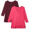 Amazon Essentials T-Shirt Swing con Maniche a 3/4 e Scollo a v (Taglie Forti Disponibili) Donna, Pacco da 2, Rosa Brillante/Bordeaux, S