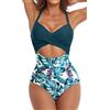 Eomenie Costume Intero da Donna con Scollo a V Profondo e Volant Monokini Costume da Bagno Imbottito, Stampa Blu 2, M