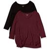 Amazon Essentials T-Shirt Swing con Maniche a 3/4 e Scollo a v (Taglie Forti Disponibili) Donna, Pacco da 2, Nero/Bordeaux, L
