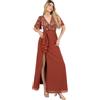 Maya Deluxe Women's Maxi Dress Ladies V-Neck Short Angel Sleeve Sequin Embellished Ruffles Side Split A-Line Evening Ball Gown, Rust, 42
