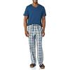 Amazon Essentials Set Pigiama con Pantaloni in Popeline di Cotone Elasticizzato e T-Shirt in Jersey di Cotone Uomo, Blu Marino Motivo Scozzese/Indaco, XS