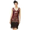 BABEYOND - Vestito da donna, stile Gatsby anni '20, con scollo a V, perline e frange - Rosso - XL