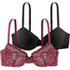 Dorina Set 2 Reggiseni Demi Donna Chloe - con Ferretto, Leggermente Imbottiti, Pizzo Floreale & Morbido Tessuto Micro, Spalline Regolabili, Rosso e Nero