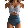 Eomenie Costume da Bagno Intero da Donna con Taglio a Vita Alta, con Allacciatura Posteriore, 1 Pezzo, A Righe Blu., M