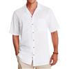 Alimens & Gentle Camicie cubane di lino da uomo a maniche corte, con bottoni, camicia in cotone, estiva, per spiaggia, campeggio, vacanze, camicie hawaiane, bianco, L