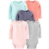 Simple Joys by Carter's Body a Maniche Lunghe Bimba, Pacco da 5, Blu Marino/Grigio/Pesca/Rosa/Verde Menta, Prematuro